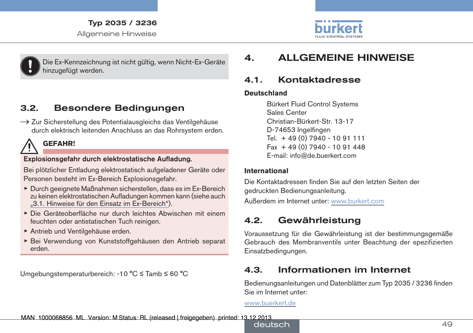 Allgemeine hinweise | Burkert Type 3236 User Manual | Page 49 / 124