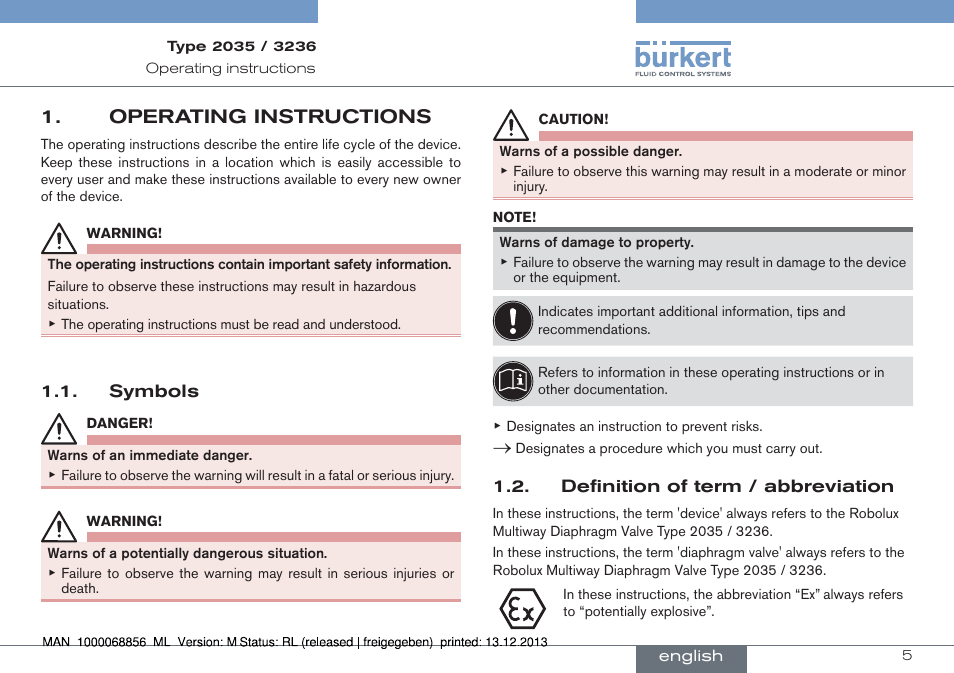 Operating instructions | Burkert Type 3236 User Manual | Page 5 / 124