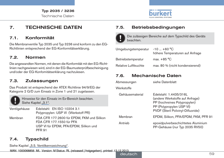 Technische daten | Burkert Type 3236 User Manual | Page 59 / 124