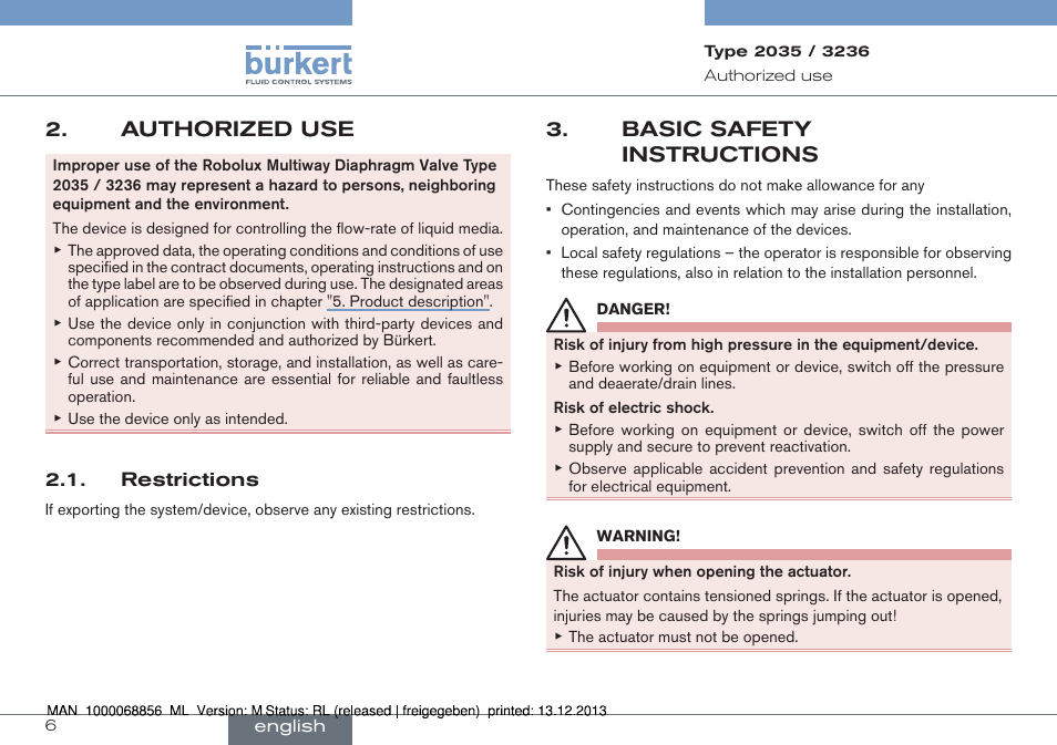 Authorized use, Basic safety instructions | Burkert Type 3236 User Manual | Page 6 / 124