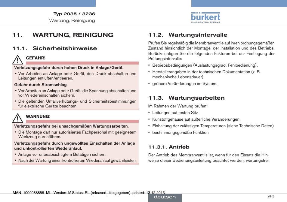 Wartung, reinigung | Burkert Type 3236 User Manual | Page 69 / 124