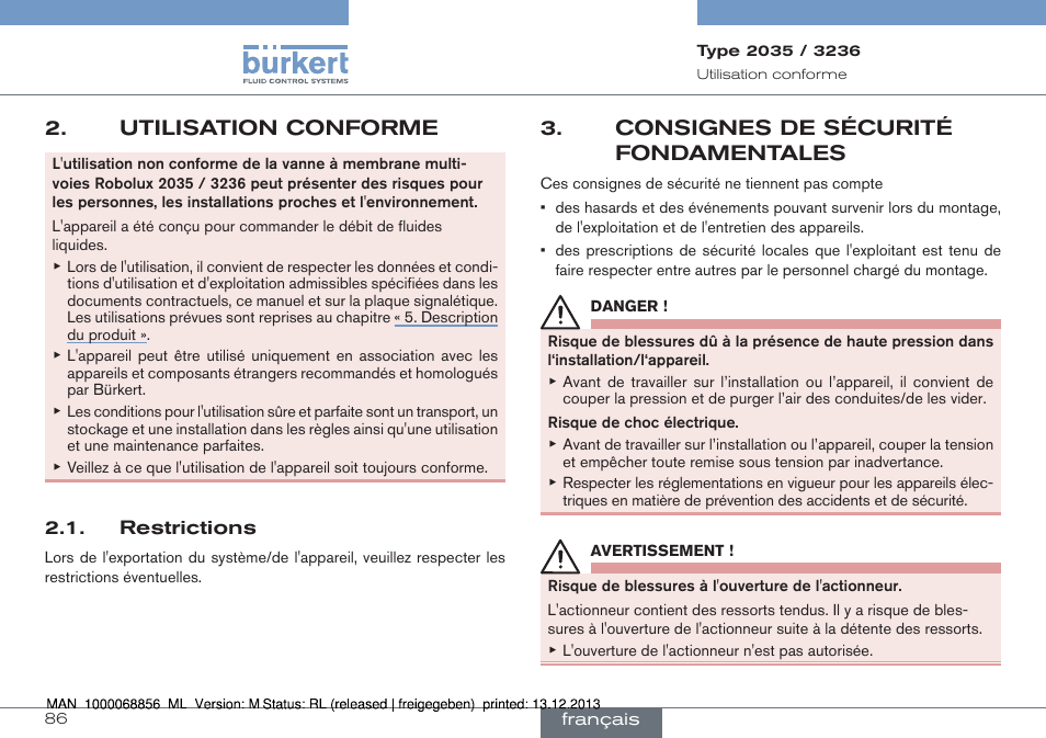 Utilisation conforme, Consignes de sécurité fondamentales | Burkert Type 3236 User Manual | Page 86 / 124