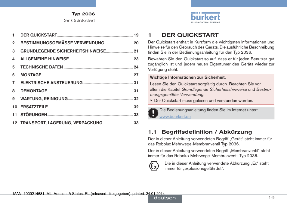 Deutsch | Burkert Type 2036 User Manual | Page 19 / 52