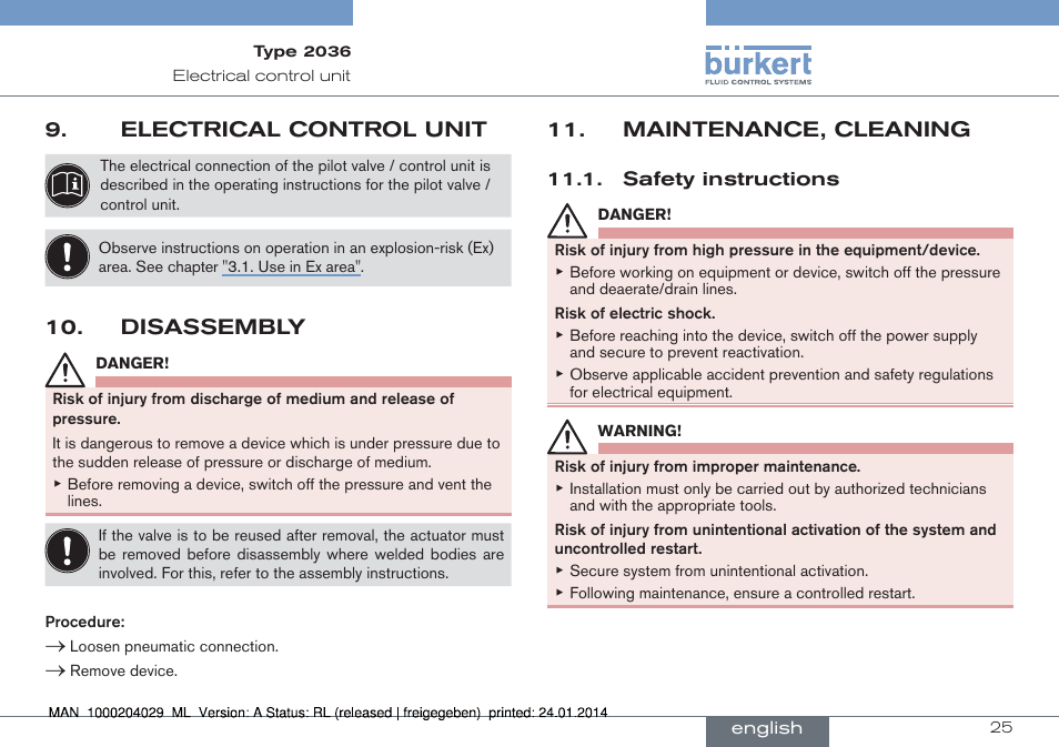 Electrical control unit, Disassembly, Maintenance, cleaning | Burkert Type 2036 User Manual | Page 25 / 94