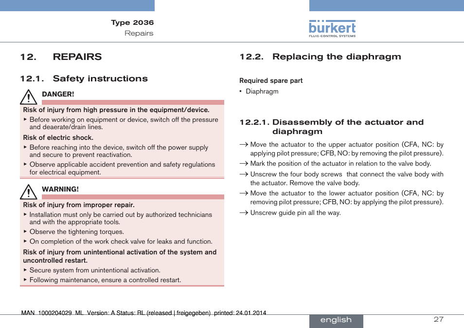 Repairs | Burkert Type 2036 User Manual | Page 27 / 94