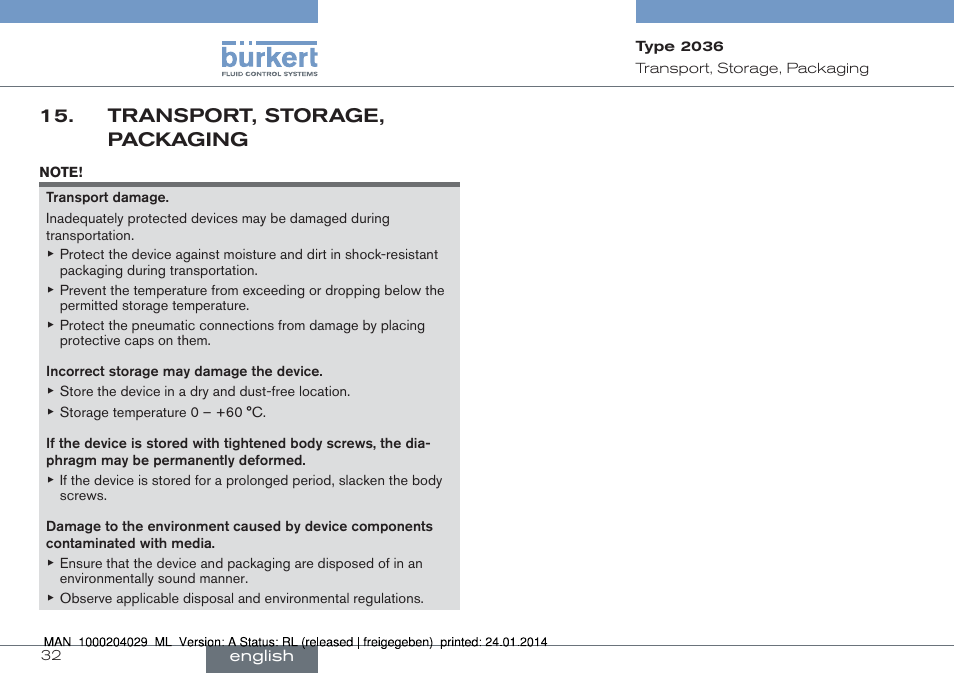 Transport, storage, packaging | Burkert Type 2036 User Manual | Page 32 / 94