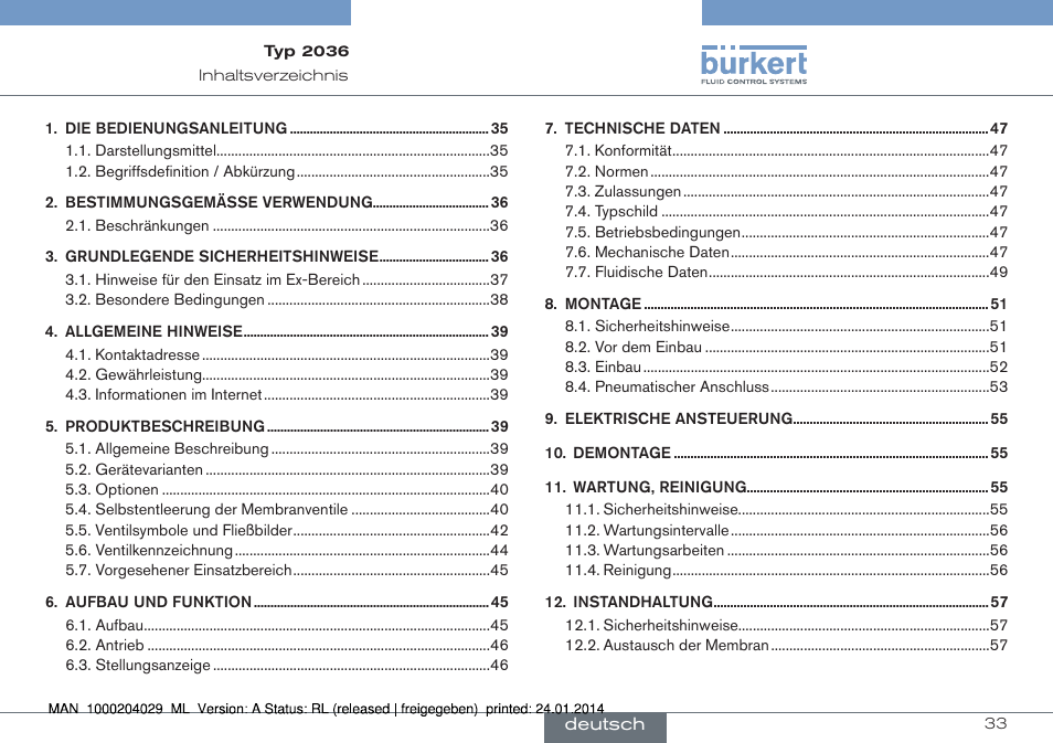 Deutsch | Burkert Type 2036 User Manual | Page 33 / 94