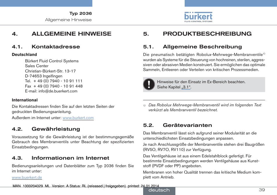 Allgemeine hinweise, Produktbeschreibung | Burkert Type 2036 User Manual | Page 39 / 94