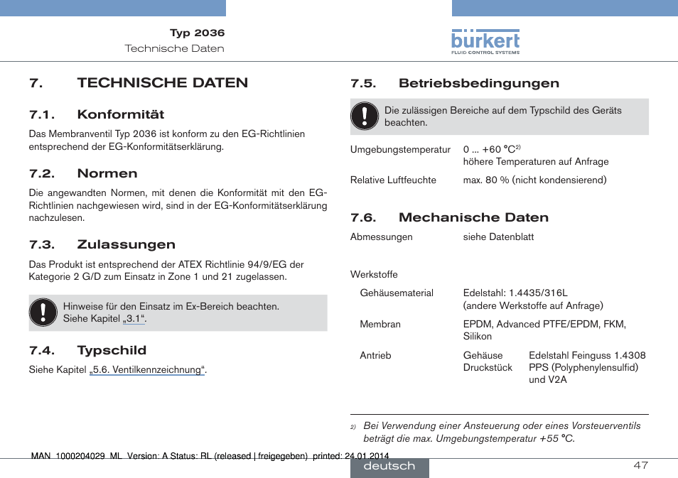 Technische daten | Burkert Type 2036 User Manual | Page 47 / 94