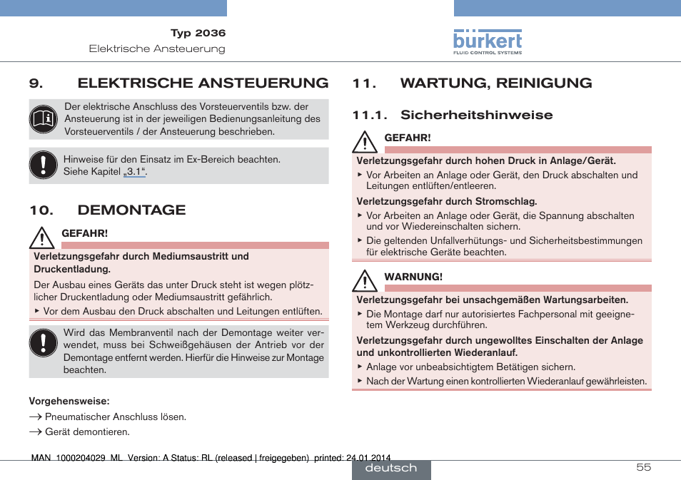 Elektrische ansteuerung, Demontage, Wartung, reinigung | Burkert Type 2036 User Manual | Page 55 / 94