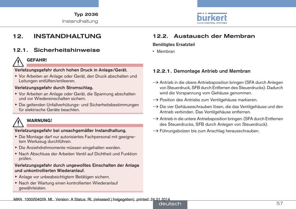 Instandhaltung | Burkert Type 2036 User Manual | Page 57 / 94