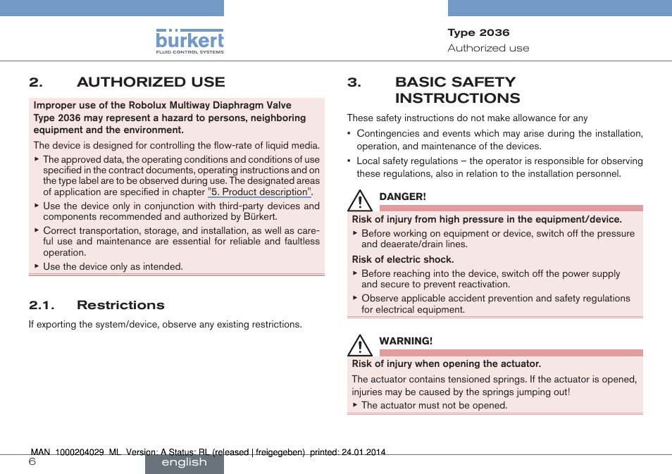 Authorized use, Basic safety instructions | Burkert Type 2036 User Manual | Page 6 / 94