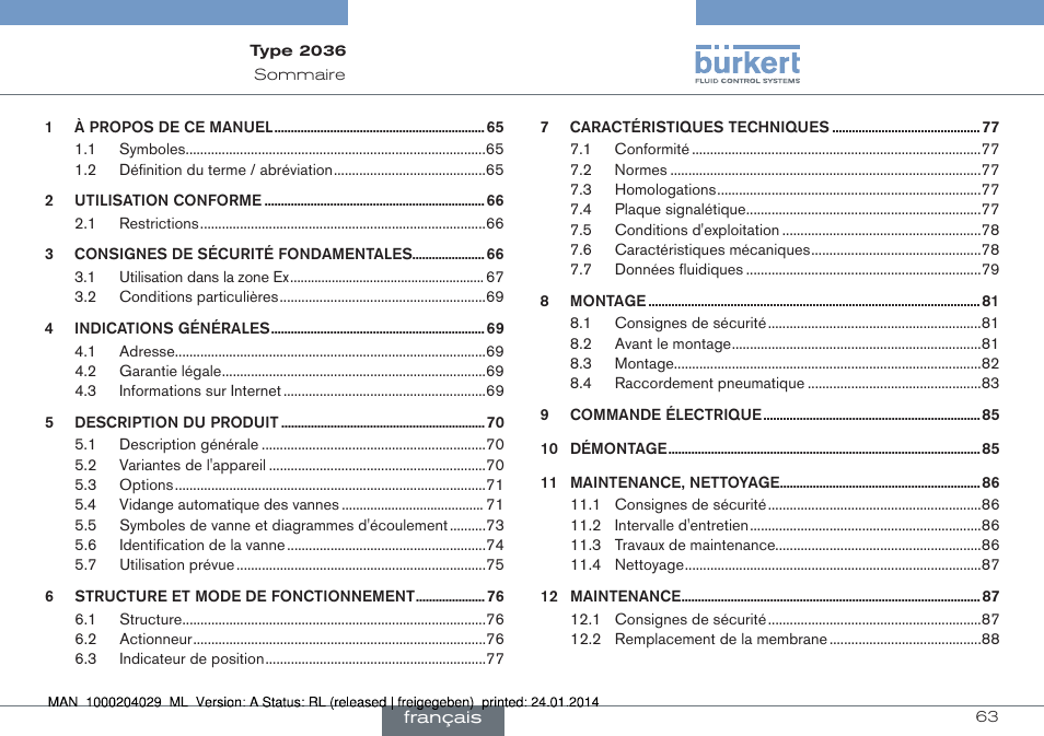 Français | Burkert Type 2036 User Manual | Page 63 / 94