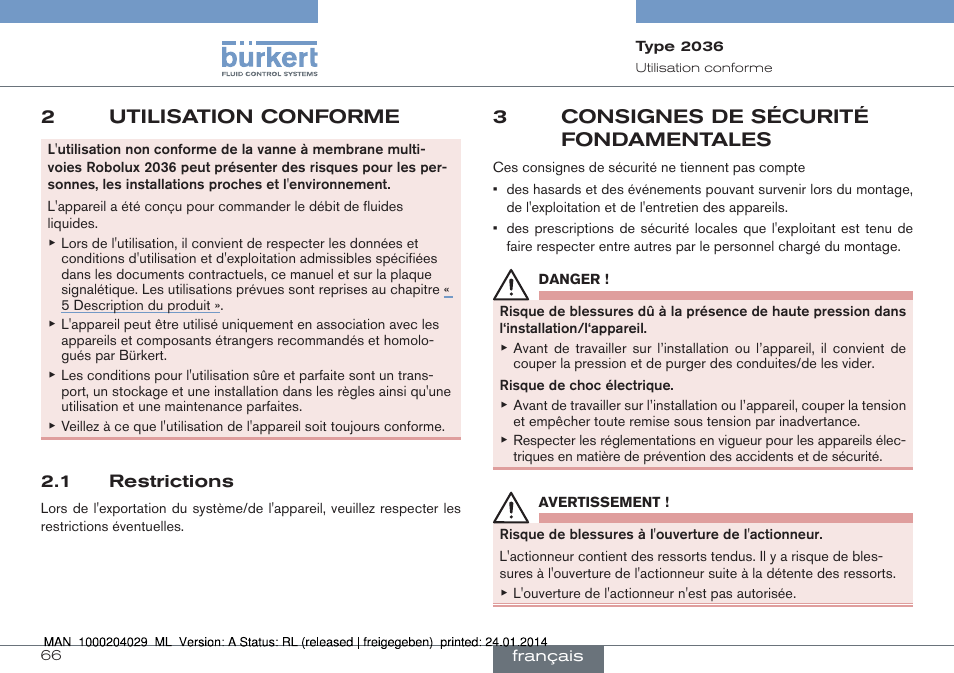 2utilisation conforme, 3consignes de sécurité fondamentales | Burkert Type 2036 User Manual | Page 66 / 94