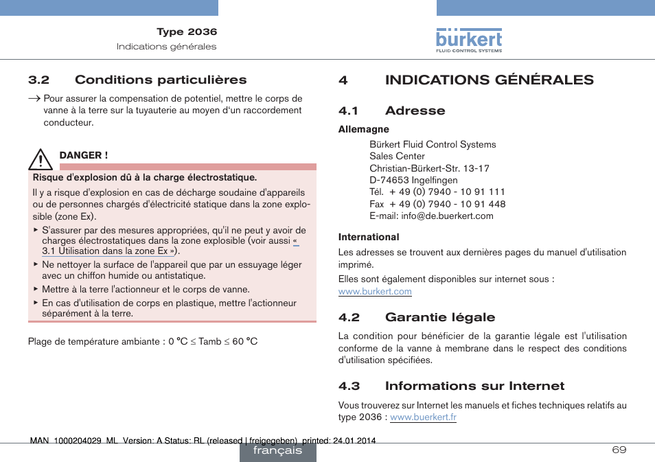 4indications générales | Burkert Type 2036 User Manual | Page 69 / 94