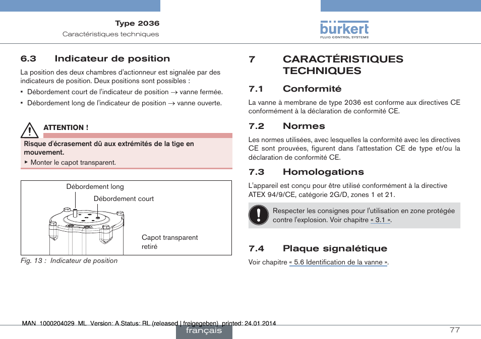 7caractéristiques techniques | Burkert Type 2036 User Manual | Page 77 / 94