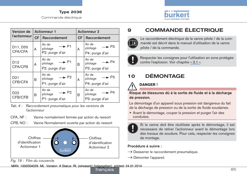 9commande électrique, 10 démontage | Burkert Type 2036 User Manual | Page 85 / 94