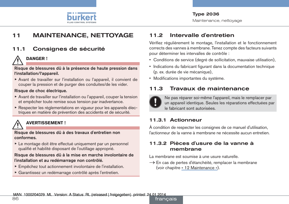 11 maintenance, nettoyage | Burkert Type 2036 User Manual | Page 86 / 94