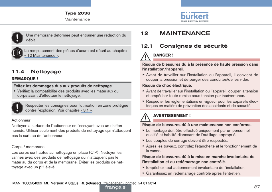 12 maintenance | Burkert Type 2036 User Manual | Page 87 / 94