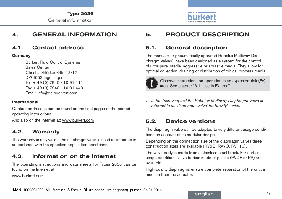 General information, Product description | Burkert Type 2036 User Manual | Page 9 / 94