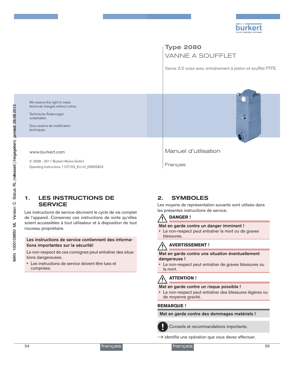 Francais, Type 2080 vanne a soufflet | Burkert Type 2080 User Manual | Page 15 / 21