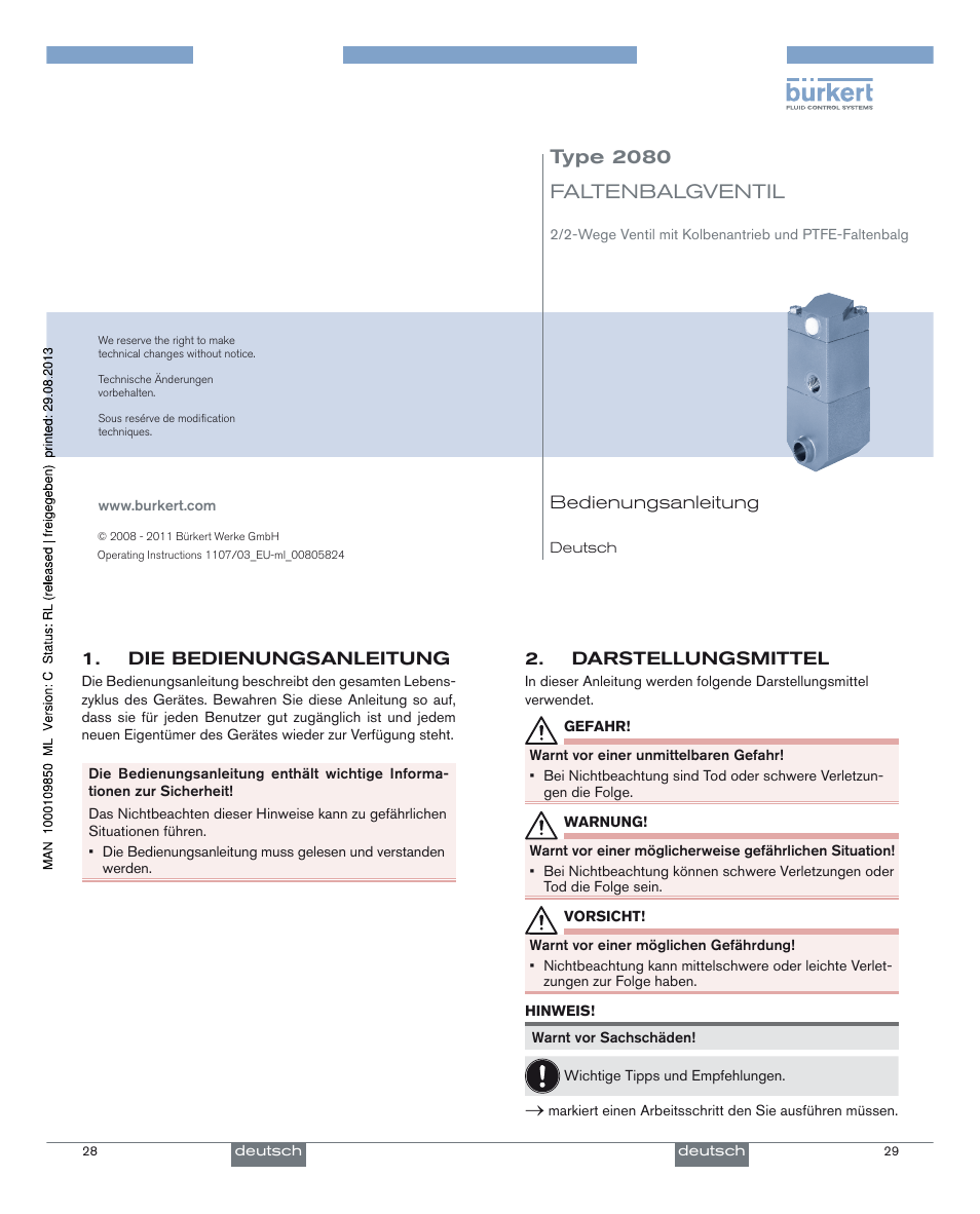Deutsch, Type 2080 faltenbalgventil | Burkert Type 2080 User Manual | Page 8 / 21