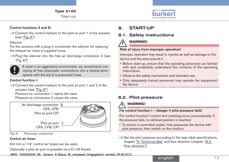 Start-up | Burkert Type 2100 User Manual | Page 13 / 46