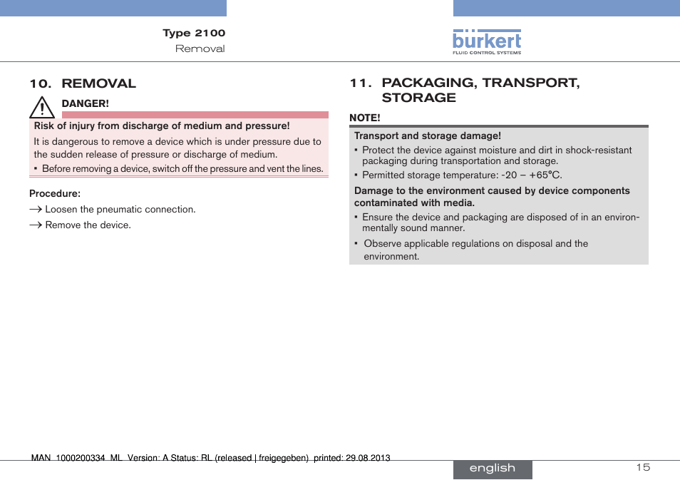 Removal, Packaging, transport, storage | Burkert Type 2100 User Manual | Page 15 / 46