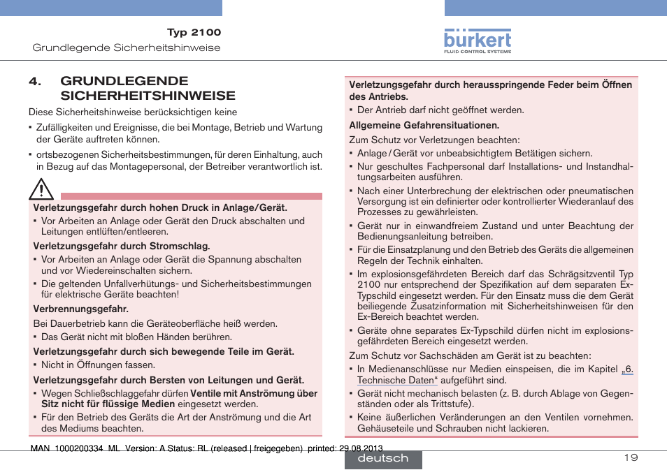 Grundlegende sicherheitshinweise | Burkert Type 2100 User Manual | Page 19 / 46