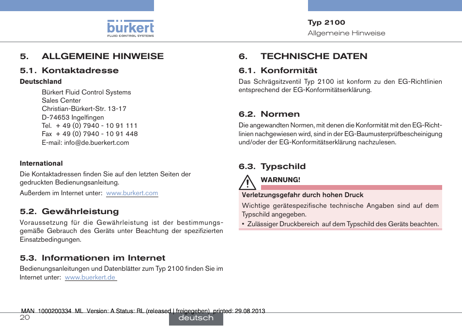 Allgemeine hinweise, Technische daten | Burkert Type 2100 User Manual | Page 20 / 46