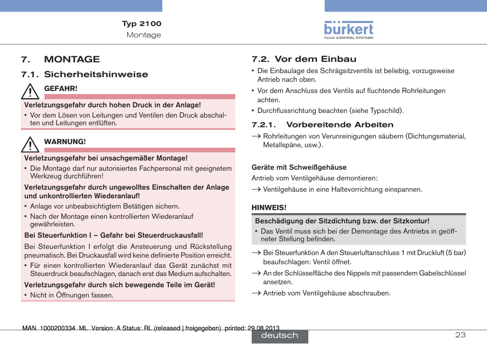 Montage | Burkert Type 2100 User Manual | Page 23 / 46