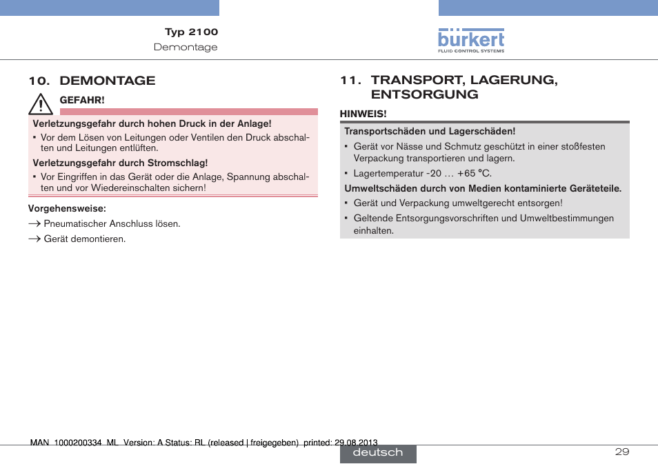 Demontage, Transport, lagerung, entsorgung | Burkert Type 2100 User Manual | Page 29 / 46