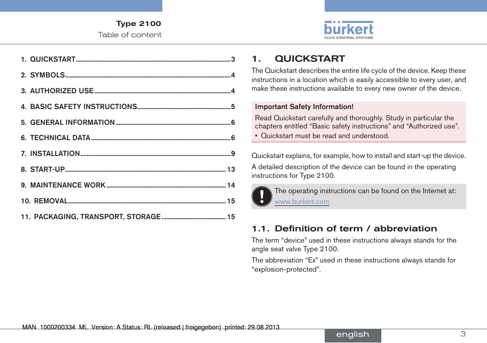 English | Burkert Type 2100 User Manual | Page 3 / 46