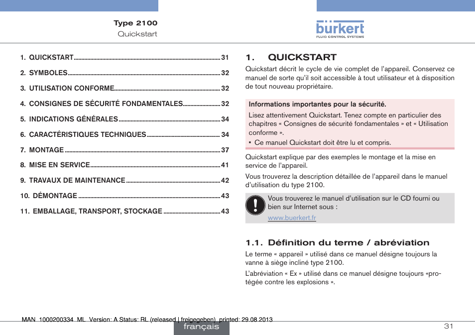 Francais | Burkert Type 2100 User Manual | Page 31 / 46