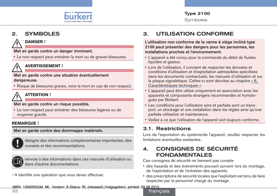 Symboles, Utilisation conforme, Consignes de sécurité fondamentales | Burkert Type 2100 User Manual | Page 32 / 46