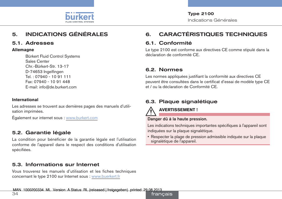 Indications générales, Caractéristiques techniques | Burkert Type 2100 User Manual | Page 34 / 46