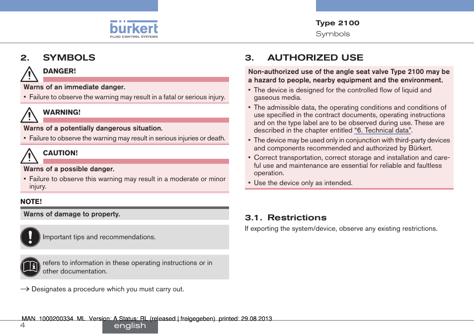 Symbols, Authorized use | Burkert Type 2100 User Manual | Page 4 / 46