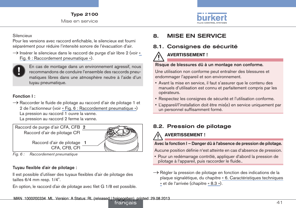 Mise en service | Burkert Type 2100 User Manual | Page 41 / 46