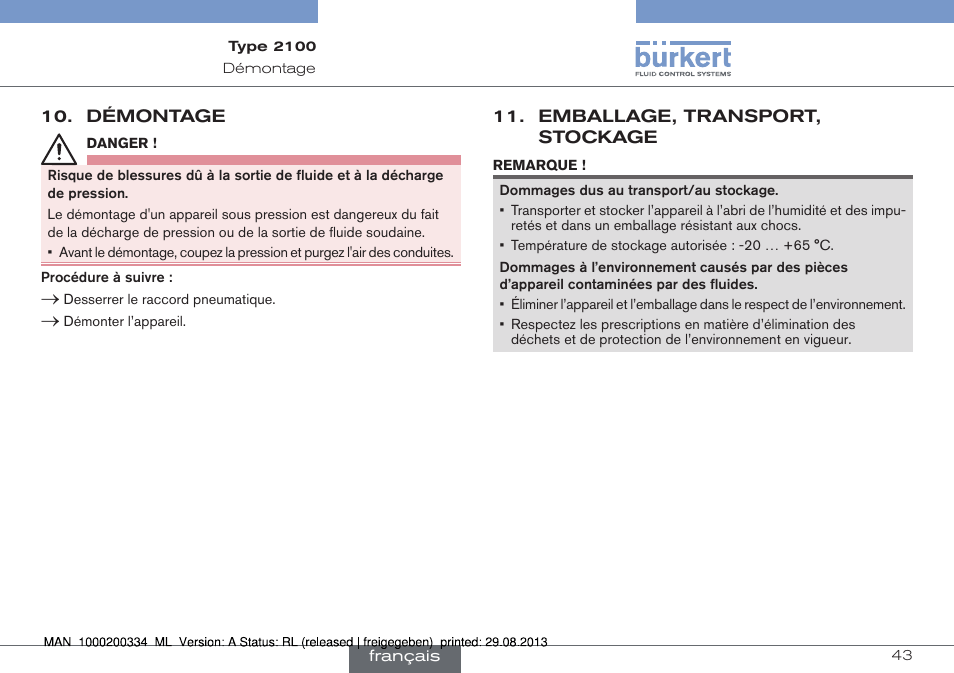 Démontage, Emballage, transport, stockage | Burkert Type 2100 User Manual | Page 43 / 46