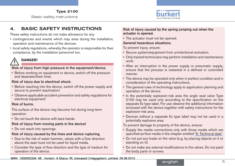 Basic safety instructions | Burkert Type 2100 User Manual | Page 5 / 46