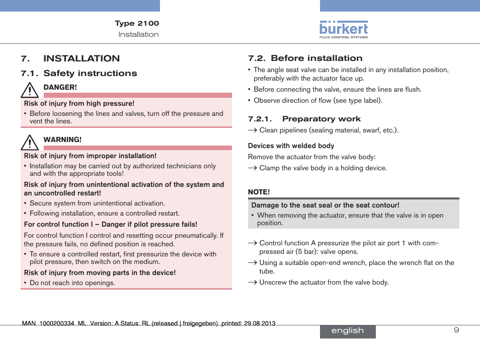 Installation | Burkert Type 2100 User Manual | Page 9 / 46