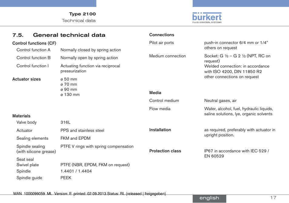 General technical data | Burkert Type 2100 User Manual | Page 17 / 101