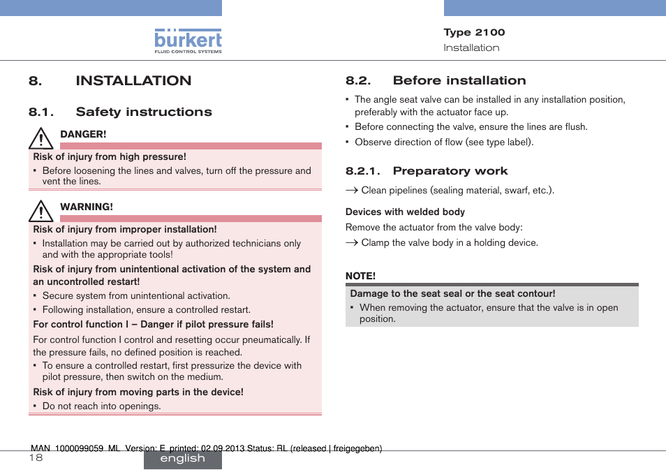 Installation, Safety instructions 8.2. before installation | Burkert Type 2100 User Manual | Page 18 / 101