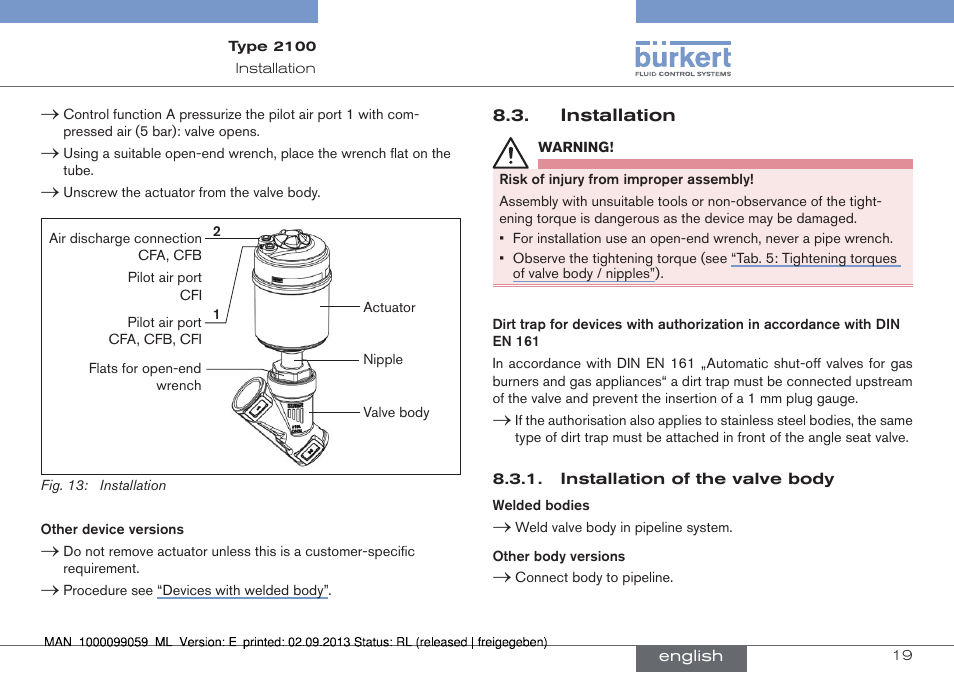 Installation | Burkert Type 2100 User Manual | Page 19 / 101