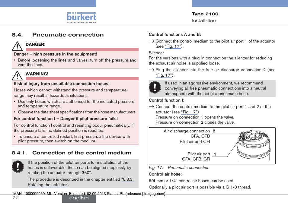 Pneumatic connection | Burkert Type 2100 User Manual | Page 22 / 101