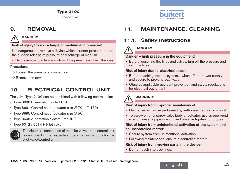 Removal, Maintenance, cleaning, Safety instructions | Burkert Type 2100 User Manual | Page 23 / 101