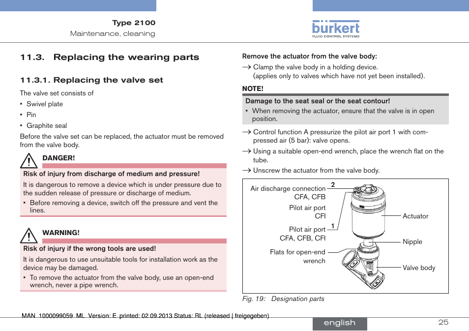 Replacing the wearing parts | Burkert Type 2100 User Manual | Page 25 / 101