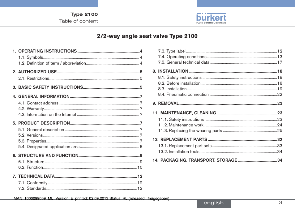 English | Burkert Type 2100 User Manual | Page 3 / 101