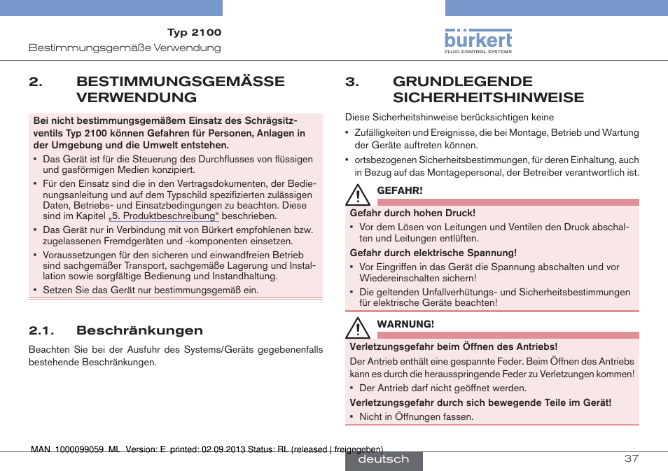 Bestimmungsgemässe verwendung, Beschränkungen, Grundlegende sicherheitshinweise | Burkert Type 2100 User Manual | Page 37 / 101