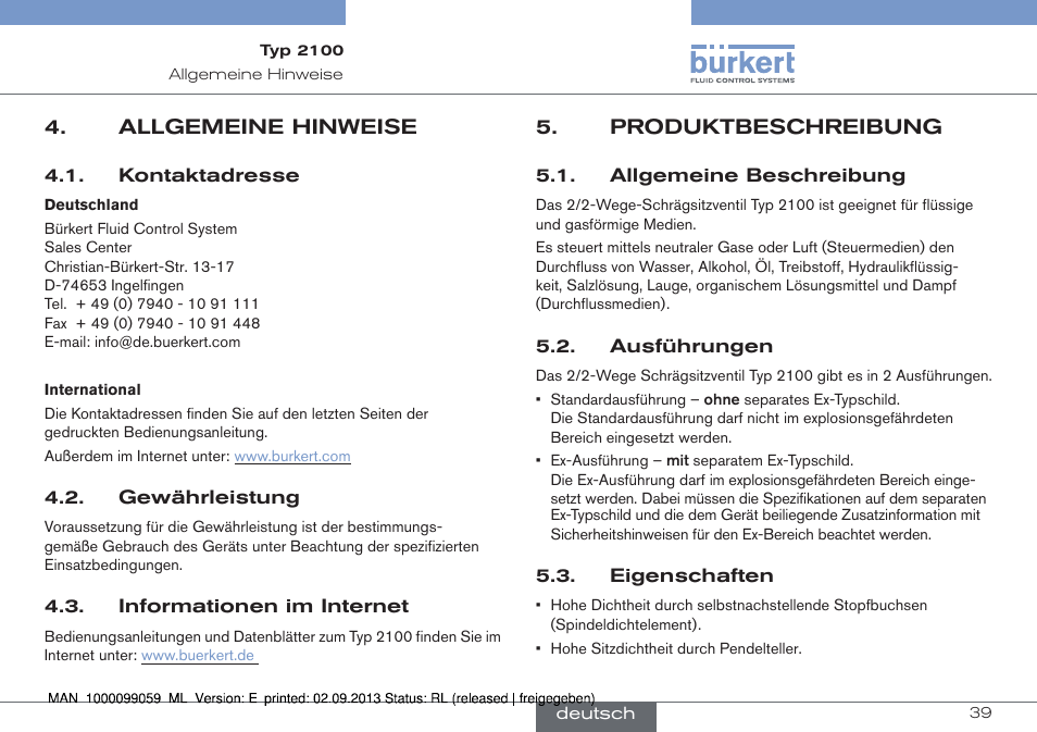Allgemeine hinweise, Produktbeschreibung | Burkert Type 2100 User Manual | Page 39 / 101